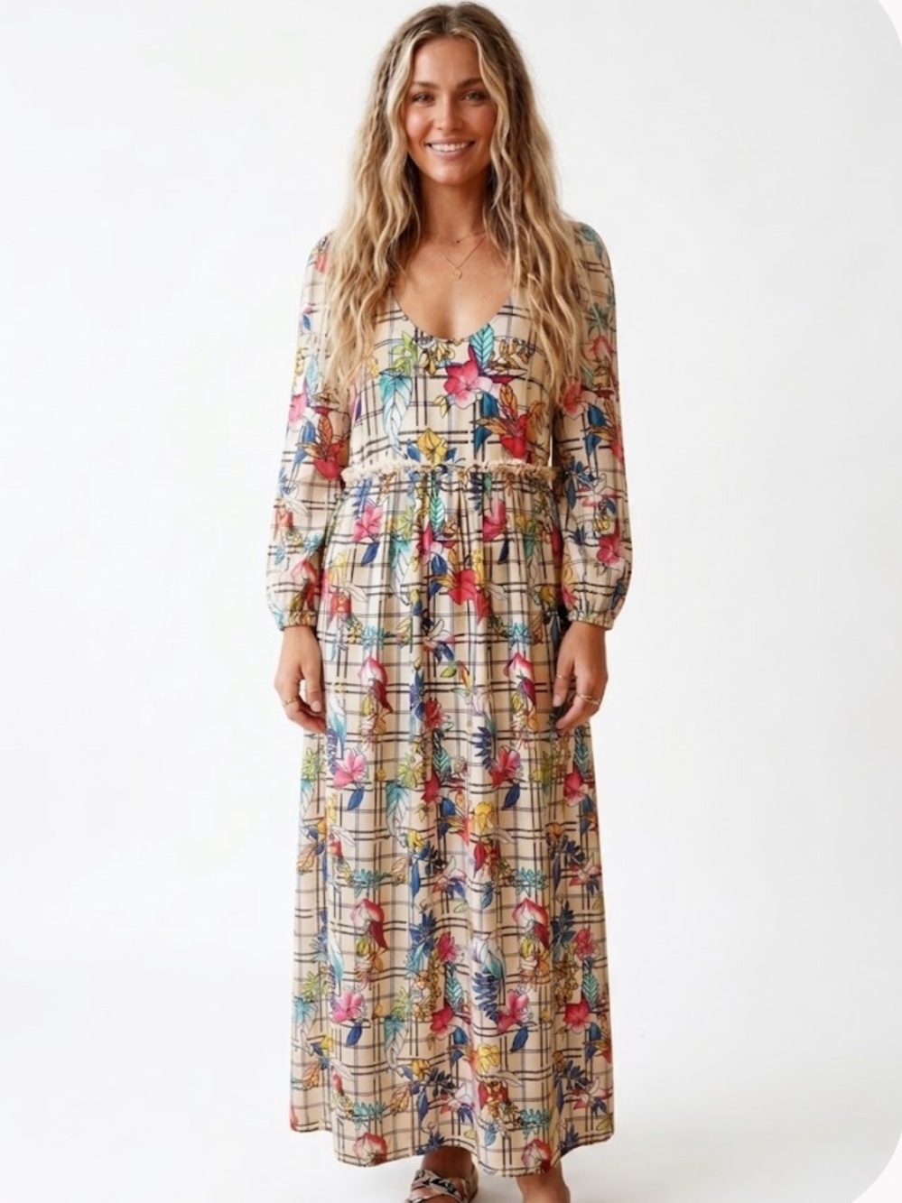 Dyvna Multi Window Pane Flowers Silk Blend Maxi Fairy Dress
